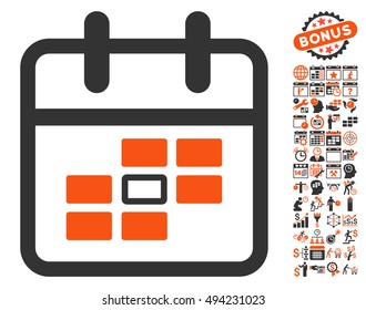 Calendar Selected Date icon with bonus calendar and time management icon set. Vector illustration style is flat iconic bicolor symbols, orange and gray colors, white background.