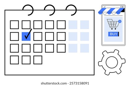 Calendar with selected date, mobile shopping cart with buy button, and gear icon. Ideal for planning, e-commerce, scheduling, online shopping, productivity. Simple and clean vector style