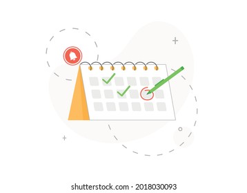 Calendar with selected date. Schedule of completed cases. Circled date. Event reminder. Flat design isolated on white background