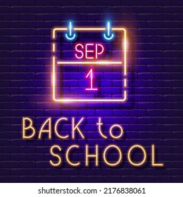 Calendar Sep 1 vector neon sign. Back to school banner
