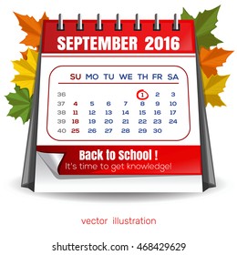 Calendar for September 1, 2016. Knowledge Day. Back to school. Time knowledge.  Vector illustration isolated on white background