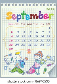 Calendar for September 2012. The week starts with Sunday. Children on the beach. Illustration School pores. The numbers drawn on detached exercise book in a cage.