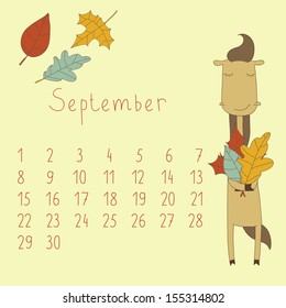 Calendar for September 2014. Calendar with the symbol of the eastern horoscope. Year of the Horse.