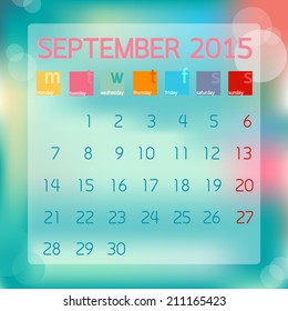 Calendar September 2015. Flat style background.