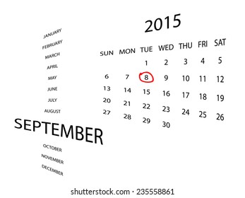 Calendar for September 2015, in perspective. Red marker circle for highlighting important dates. Simple illustration, isolated on white.