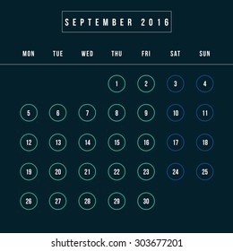 Calendar September 2016 vector design template - Minimalism Style