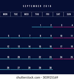 Calendar September 2016 vector design template - Minimalism Style