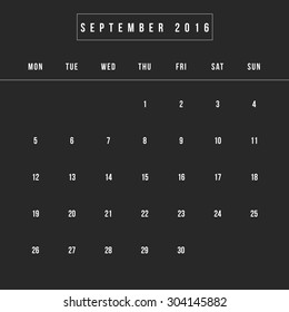 Calendar September 2016 vector design template - Minimalism Style
