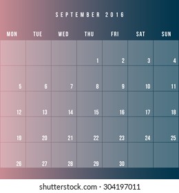 Calendar September 2016 vector design template - Minimalism Style