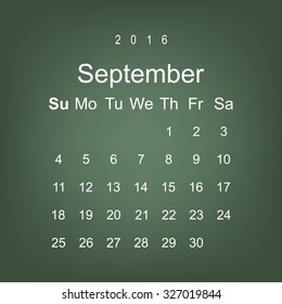 Calendar September 2016 vector design. Week starts from Sunday.