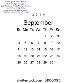 Calendar September 2016 vector design. Week starts from Sunday.