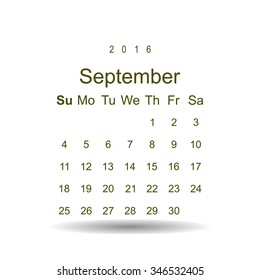 Calendar September 2016 vector design. Week starts from Sunday.