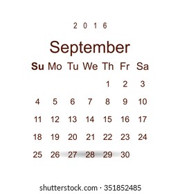 Calendar September 2016 vector design. Week starts from Sunday. icon