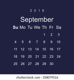 Calendar September 2016 vector design. Week starts from Sunday. icon, vector illustration. Modern design. Flat design style