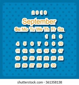 Calendar September 2016 vector design. Week starts from Sunday. icon, vector illustration. Modern design. Flat design style