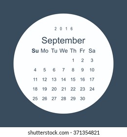 Calendar September 2016 vector design. Week starts from Sunday. icon