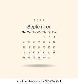 Calendar September 2016 vector design. Week starts from Sunday.