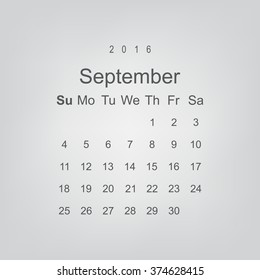 Calendar September 2016 vector design. Week starts from Sunday.