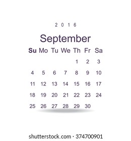 Calendar September 2016 vector design. Week starts from Sunday. icon