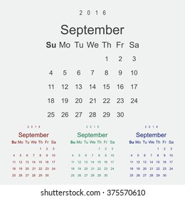 Calendar September 2016 vector design. Week starts from Sunday.