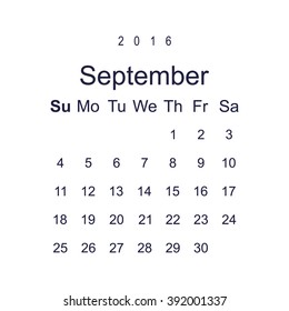 Calendar September 2016 vector design. Week starts from Sunday.