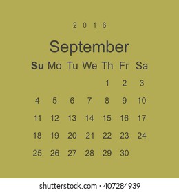 Calendar September 2016 vector design. Week starts from Sunday.