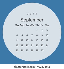 Calendar September 2016 vector design. Week starts from Sunday.
