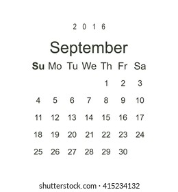 Calendar September 2016 vector design. Week starts from Sunday.