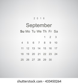 Calendar September 2016 vector design. Week starts from Sunday.