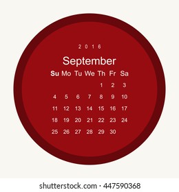 Calendar September 2016 vector design. Week starts from Sunday.