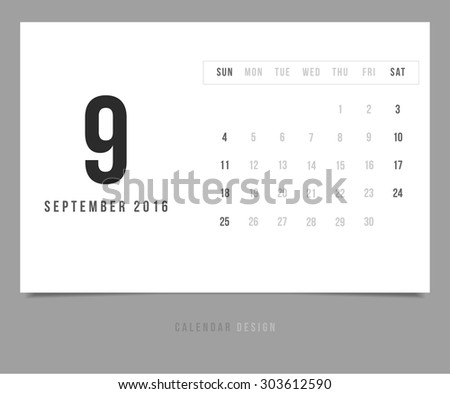 Calendar September 2016 vector design template - Minimalism Style