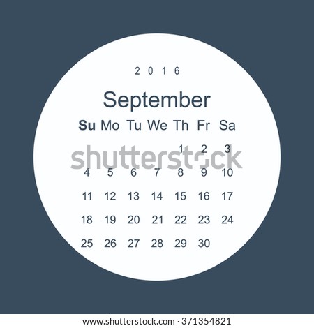 Calendar September 2016 vector design. Week starts from Sunday. icon