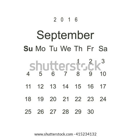 Calendar September 2016 vector design. Week starts from Sunday.