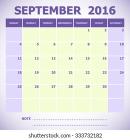 Calendar September 2016 week starts Sunday, stock vector