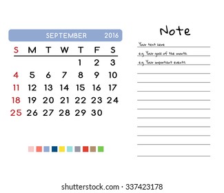 Calendar for September 2016. Week Starts Sunday. Clean and Simple Vector Template with pan tone color palette