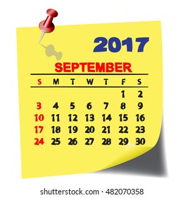 Calendar September 2017 on Note Paper. Yellow paper sheet with shadow. Vector image.