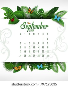 Calendar September 2018 with tropical concept. Vector Illustration