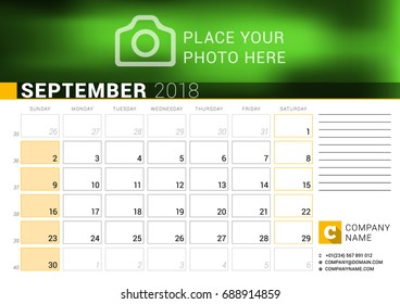 Calendar for September 2018. Vector Design Print Template with Place for Photo, Logo and Contact Information. Week Starts on Sunday. Calendar Grid with Week Numbers and Place for Notes