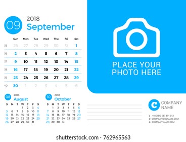 Calendar for September 2018 year. Vector design print template with place for photo. Week starts on Sunday