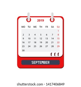 Calendar September 2019 in flat style. Vector illustration