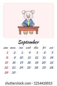 Calendar for September 2019 new year with a cheerful picture with the symbol of the year cute pig