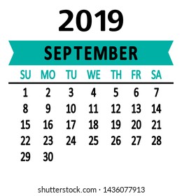 Calendar september 2019. Ninth page of set. Weeks from Sunday. Vector illustration