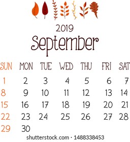 Calendar for September 2019 with tree twigs and leaves vector illustration graphic page
