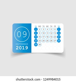 Calendar september 2019 year in paper sticker with shadow. Calendar planner design template. Agenda september monthly reminder. Business vector illustration.