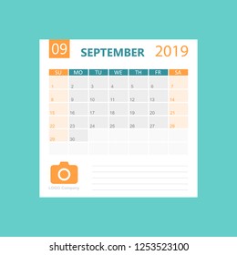 Calendar september 2019 year in simple style. Calendar planner design template. Agenda monthly september template with company logo. Business vector illustration.