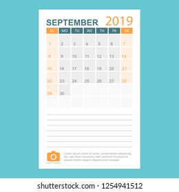 Calendar september 2019 year in simple style. Calendar planner design template. Agenda monthly september template with company logo. Business vector illustration.
