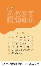 Calendar September 2020. Colorful calender. Vector hand drawn design. Doodle English lettering collection.  Hearts and lines