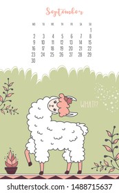 Calendar for September 2020 from Monday to Sunday. Cute llama. Alpaca cartoon character. Funny animal. Vector illustration