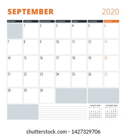 Calendar for September 2020. Stationery design template. Vector illustration