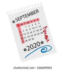 Calendar for September 2020. Vector calendar template on checkered sheet of paper. Hand drawn scribble elements. Week starts on Sunday.